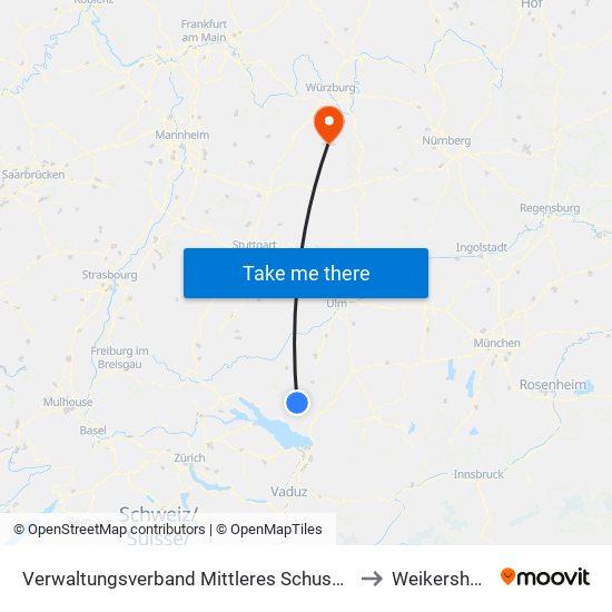 Verwaltungsverband Mittleres Schussental to Weikersheim map