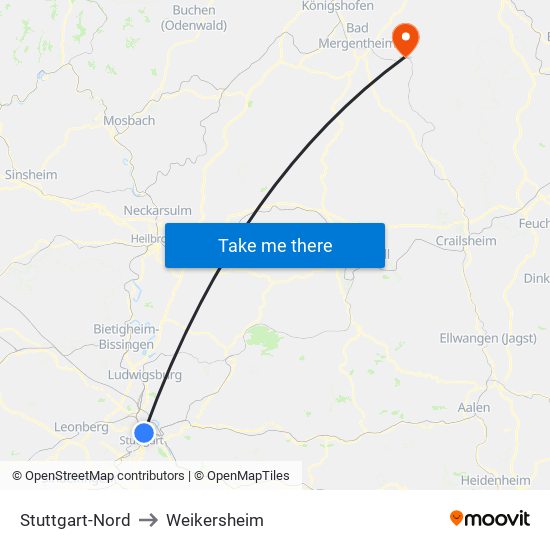 Stuttgart-Nord to Weikersheim map