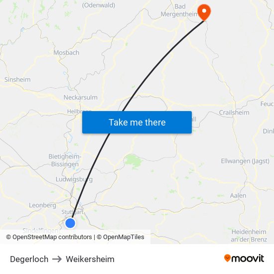 Degerloch to Weikersheim map