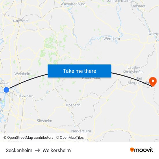 Seckenheim to Weikersheim map