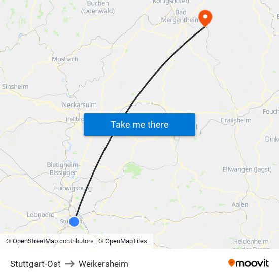 Stuttgart-Ost to Weikersheim map