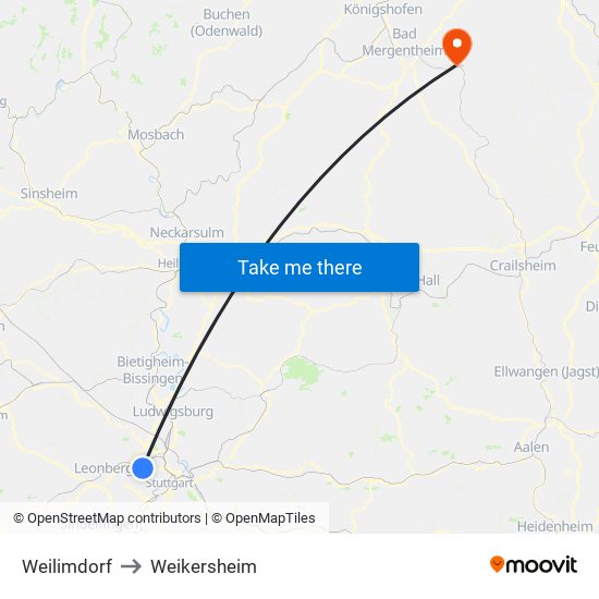 Weilimdorf to Weikersheim map