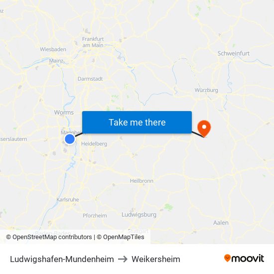 Ludwigshafen-Mundenheim to Weikersheim map