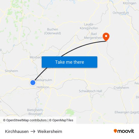Kirchhausen to Weikersheim map