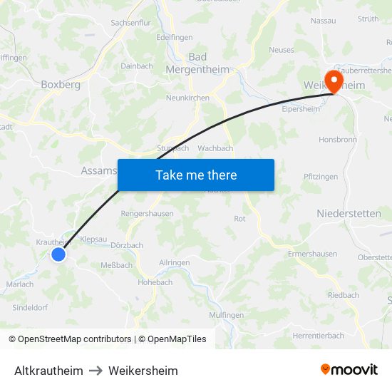 Altkrautheim to Weikersheim map