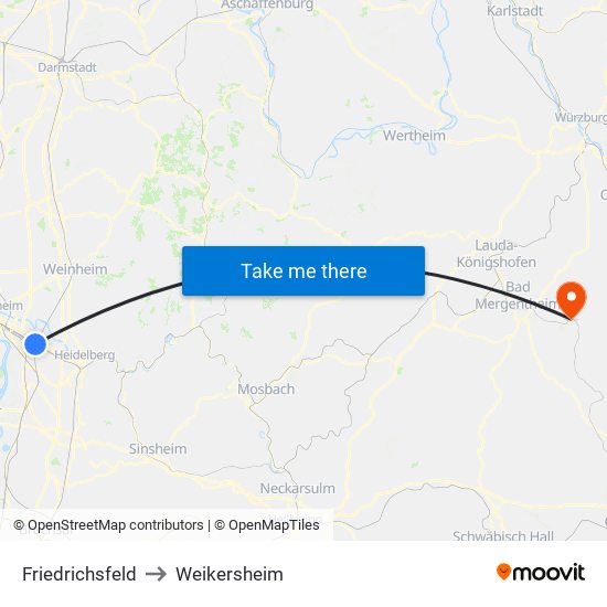 Friedrichsfeld to Weikersheim map
