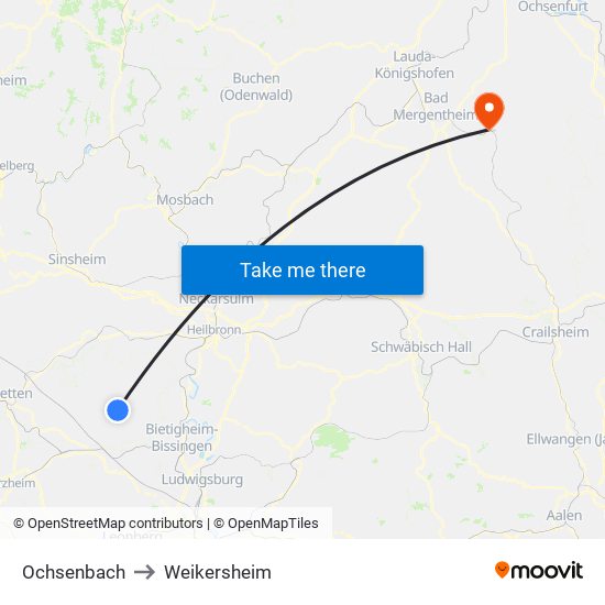 Ochsenbach to Weikersheim map