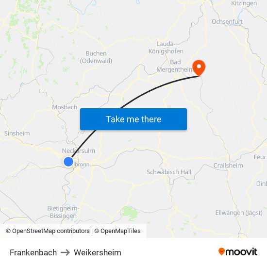 Frankenbach to Weikersheim map