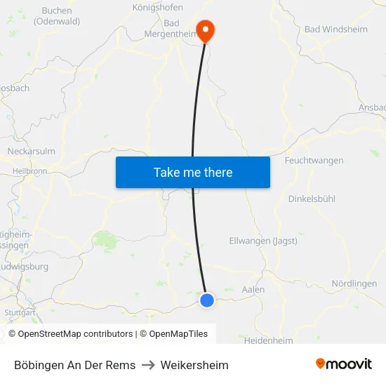 Böbingen An Der Rems to Weikersheim map