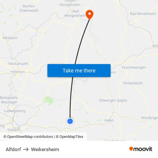Alfdorf to Weikersheim map