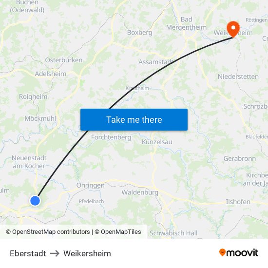 Eberstadt to Weikersheim map