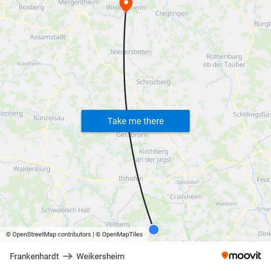 Frankenhardt to Weikersheim map