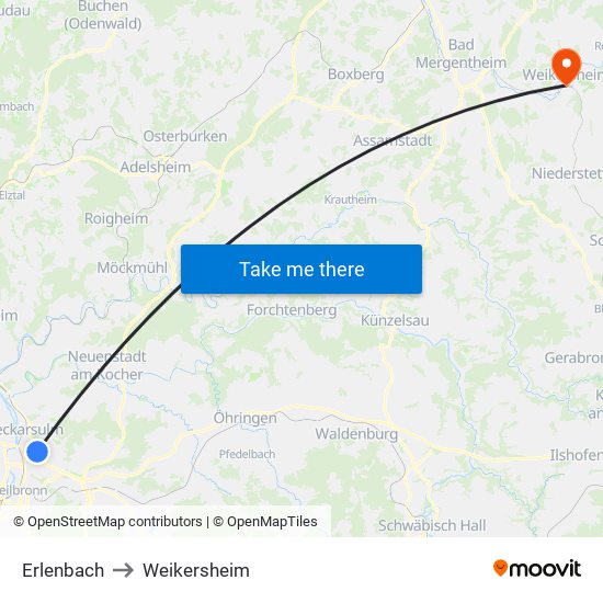 Erlenbach to Weikersheim map