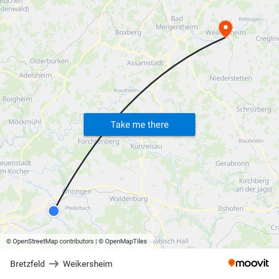 Bretzfeld to Weikersheim map