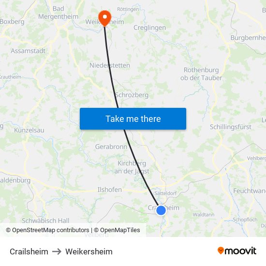 Crailsheim to Weikersheim map