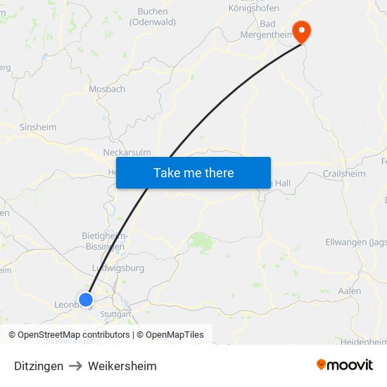 Ditzingen to Weikersheim map
