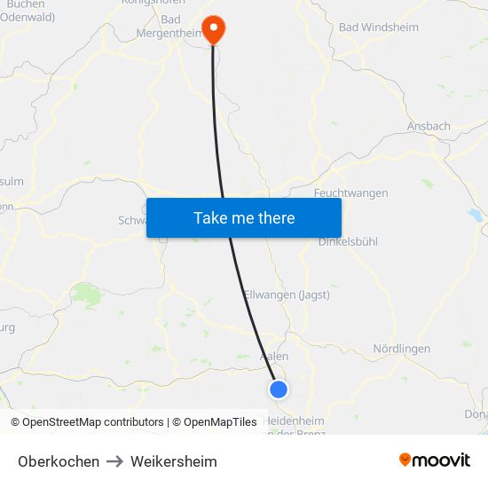 Oberkochen to Weikersheim map