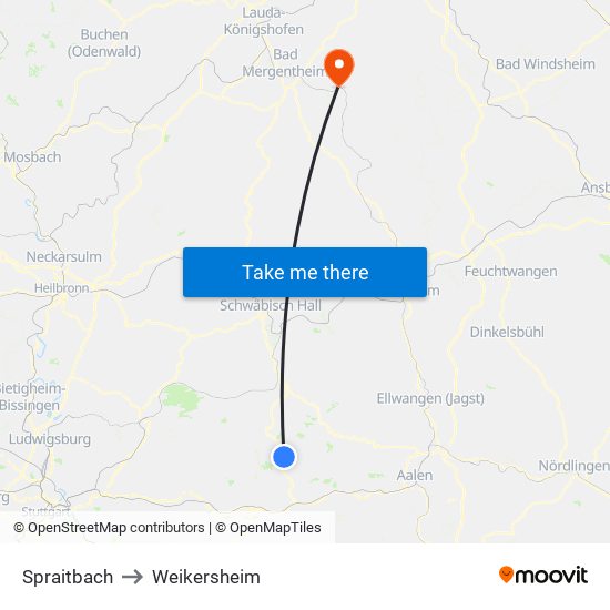 Spraitbach to Weikersheim map