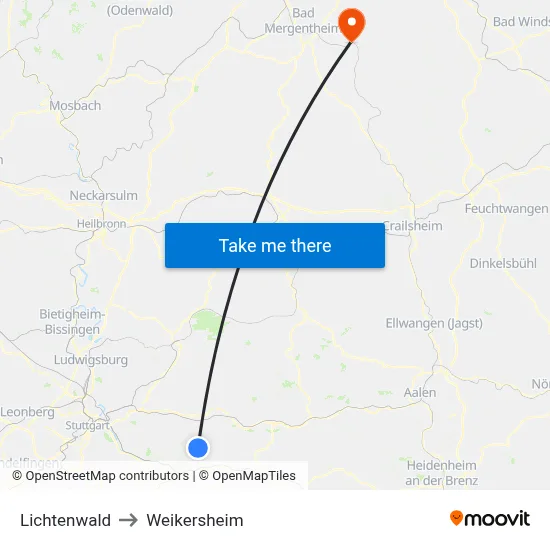 Lichtenwald to Weikersheim map