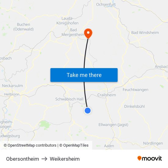Obersontheim to Weikersheim map