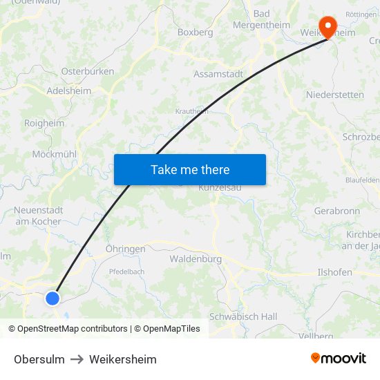 Obersulm to Weikersheim map