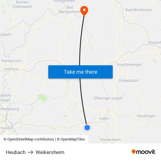 Heubach to Weikersheim map