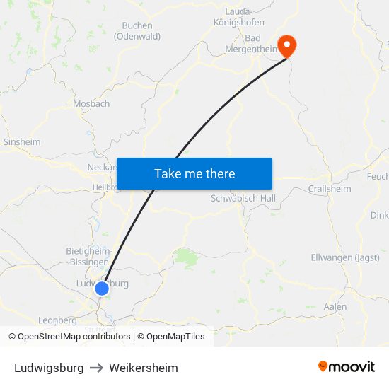 Ludwigsburg to Weikersheim map