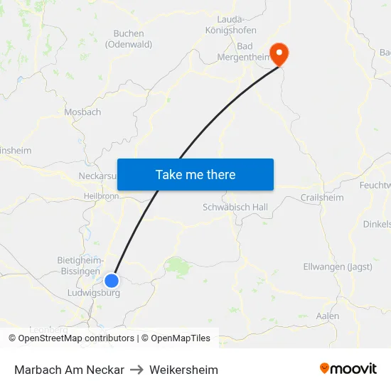 Marbach Am Neckar to Weikersheim map