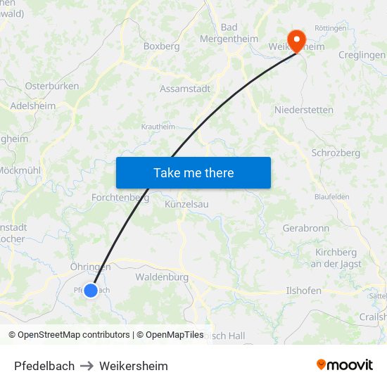 Pfedelbach to Weikersheim map