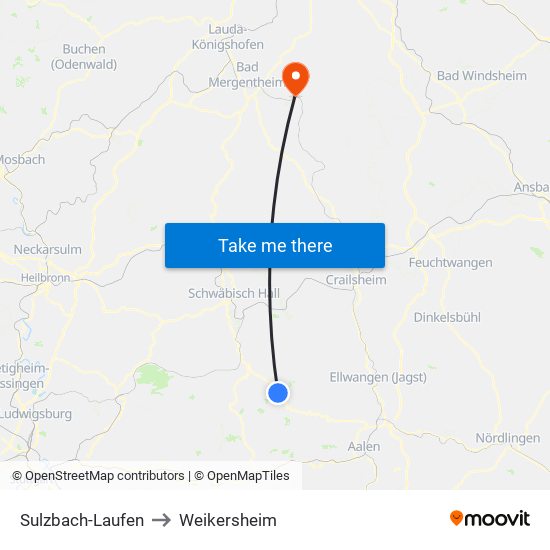 Sulzbach-Laufen to Weikersheim map