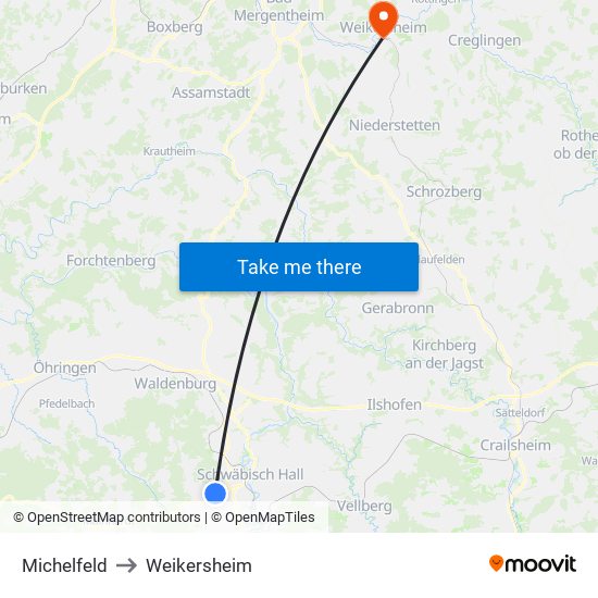 Michelfeld to Weikersheim map