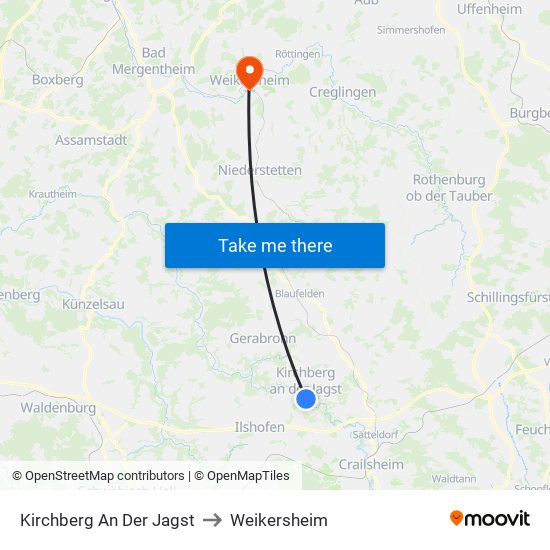 Kirchberg An Der Jagst to Weikersheim map