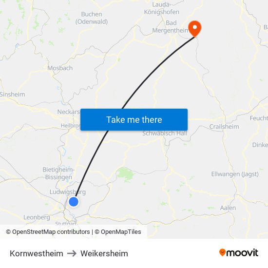 Kornwestheim to Weikersheim map