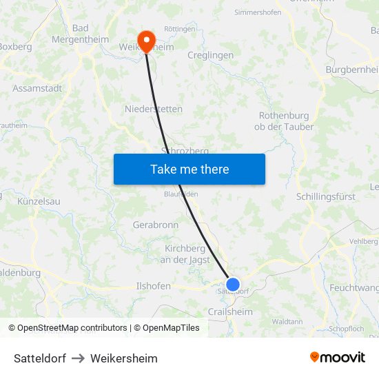 Satteldorf to Weikersheim map