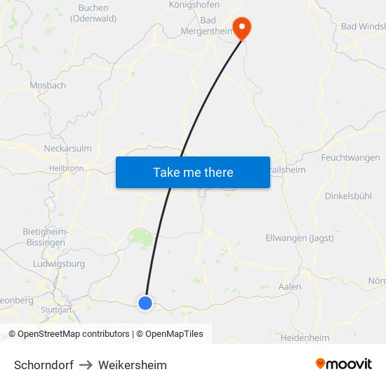 Schorndorf to Weikersheim map