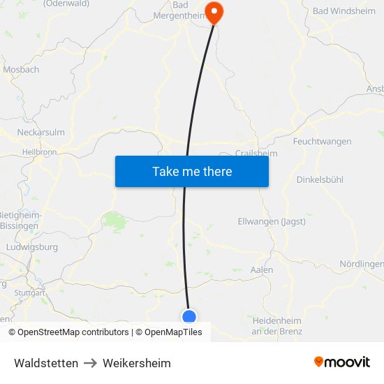 Waldstetten to Weikersheim map