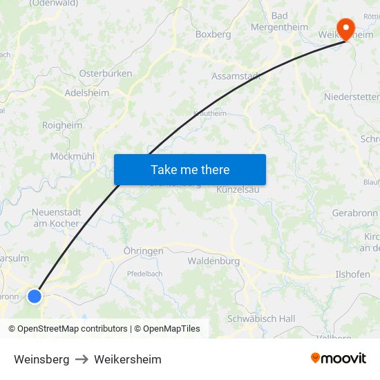 Weinsberg to Weikersheim map