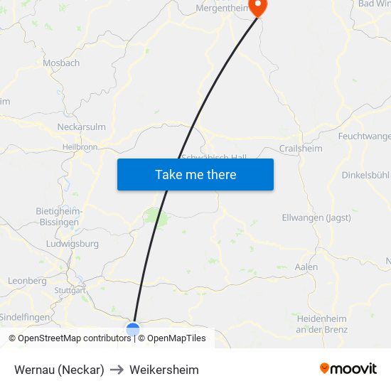 Wernau (Neckar) to Weikersheim map