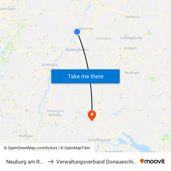 Neuburg am Rhein to Verwaltungsverband Donaueschingen map