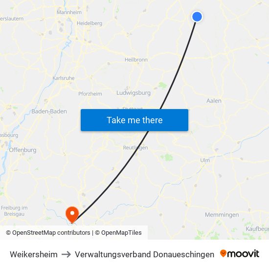 Weikersheim to Verwaltungsverband Donaueschingen map