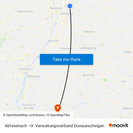 Abtsteinach to Verwaltungsverband Donaueschingen map