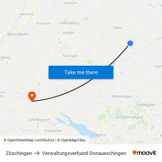 Zöschingen to Verwaltungsverband Donaueschingen map