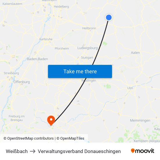 Weißbach to Verwaltungsverband Donaueschingen map