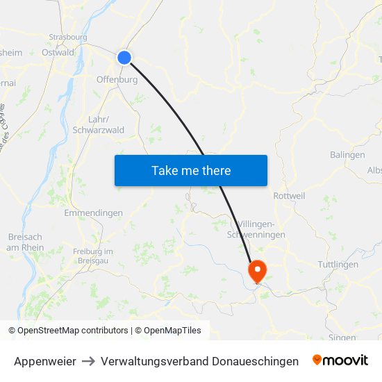 Appenweier to Verwaltungsverband Donaueschingen map