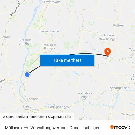 Müllheim to Verwaltungsverband Donaueschingen map