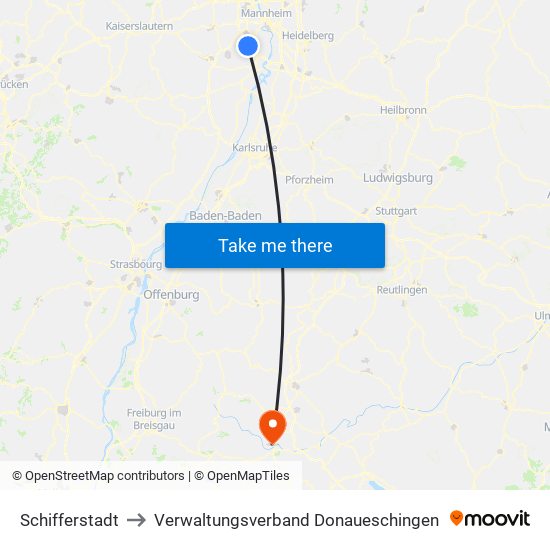 Schifferstadt to Verwaltungsverband Donaueschingen map