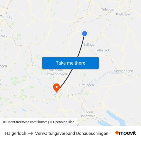Haigerloch to Verwaltungsverband Donaueschingen map