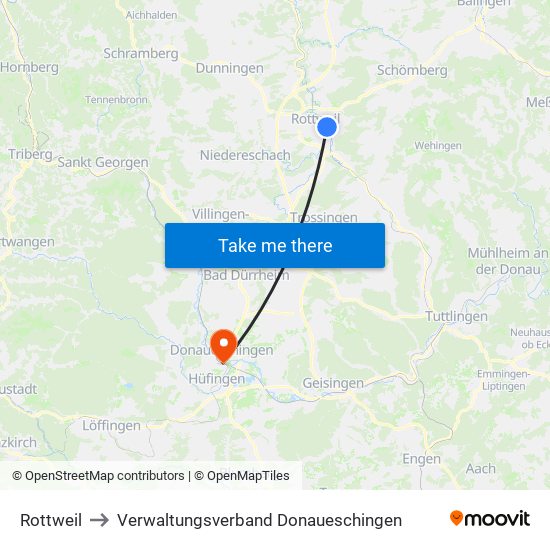Rottweil to Verwaltungsverband Donaueschingen map