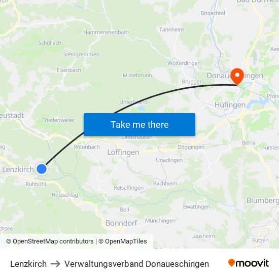 Lenzkirch to Verwaltungsverband Donaueschingen map