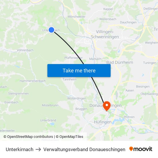 Unterkirnach to Verwaltungsverband Donaueschingen map